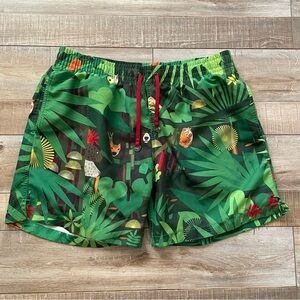 TIMO men’s swim trunks 5” inseam green animal jungle forest print, size medium